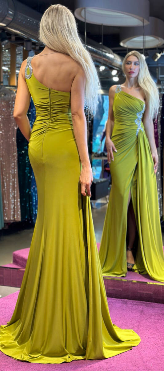 Light Green One Shoulder Stone Detailed Wrap Slit Lycra Long Evening Dress 7414 - 5