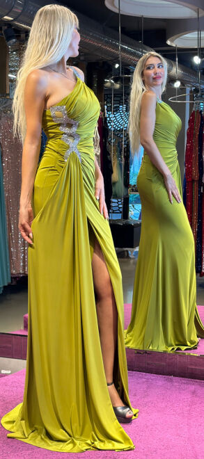 Light Green One Shoulder Stone Detailed Wrap Slit Lycra Long Evening Dress 7414 - 3