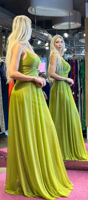 Light Green Spaghetti Strap Flared Skirt Glitter Long Evening Dress 6877 - 3