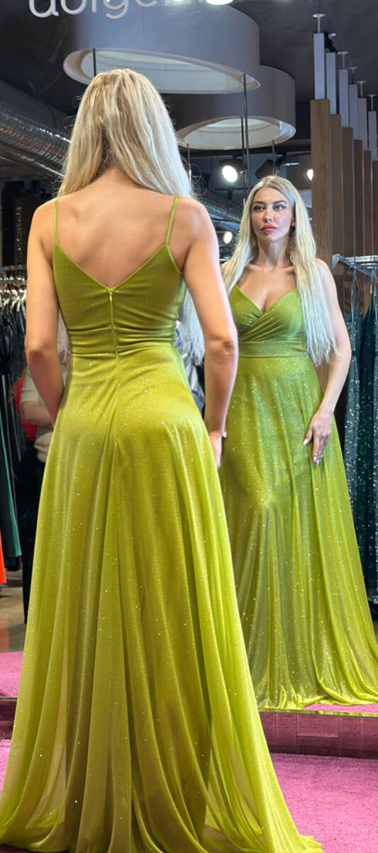 Light Green Spaghetti Strap Flared Skirt Glitter Long Evening Dress 6877 - 5