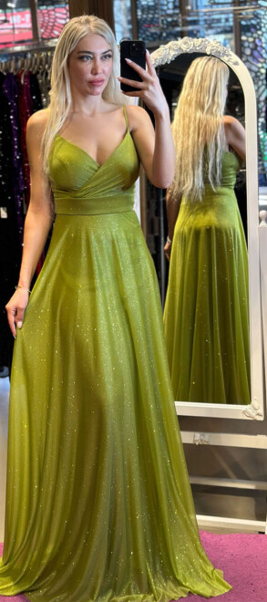 Light Green Spaghetti Strap Flared Skirt Glitter Long Evening Dress 6877 