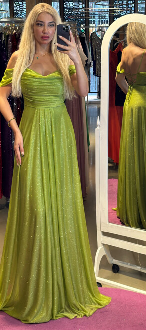 Light Green Spaghetti Strap Low-Cut Back Flared Skirt Glitter Fabric Long Evening Dress 7365 