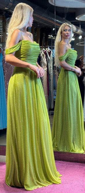 Light Green Spaghetti Strap Low-Cut Back Flared Skirt Glitter Fabric Long Evening Dress 7365 - 3