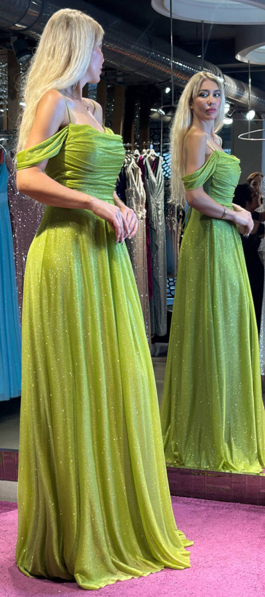 Light Green Spaghetti Strap Low-Cut Back Flared Skirt Glitter Fabric Long Evening Dress 7365 - 3