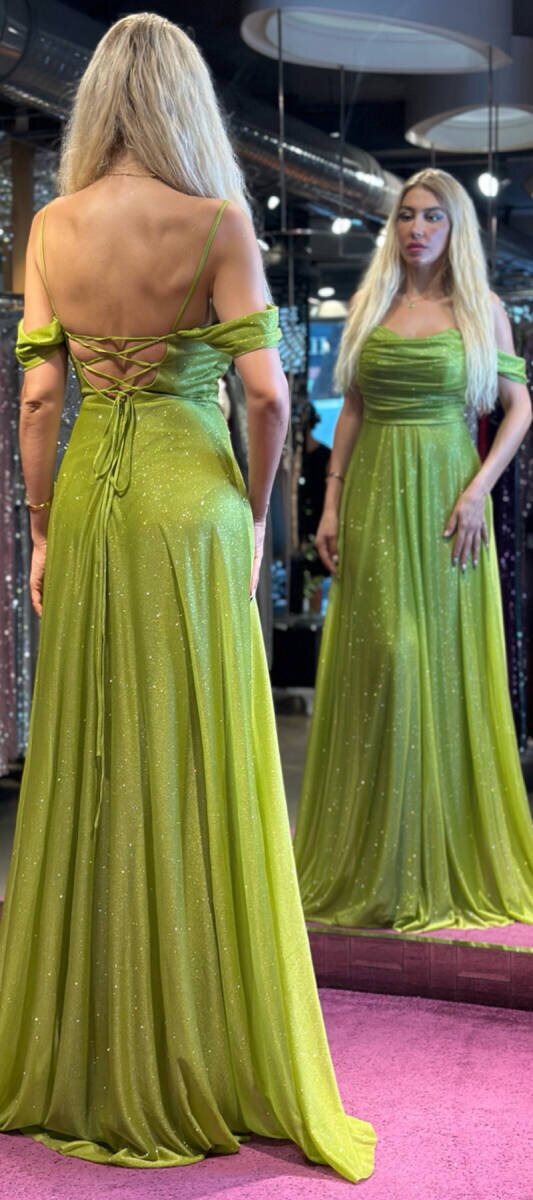 Light Green Spaghetti Strap Low-Cut Back Flared Skirt Glitter Fabric Long Evening Dress 7365 - 5