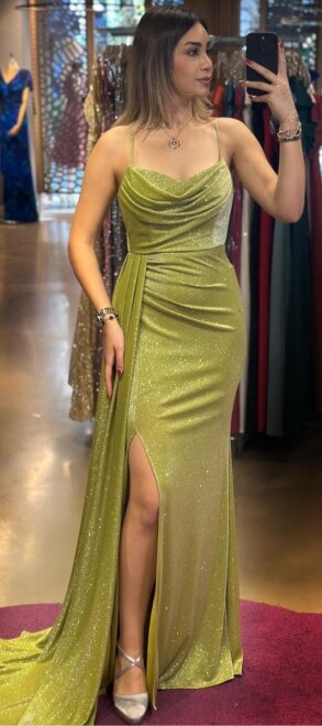 Light Green Spaghetti Strap Low-Cut Back Slit Straight Cut Glitter Long Evening Dress 7253 