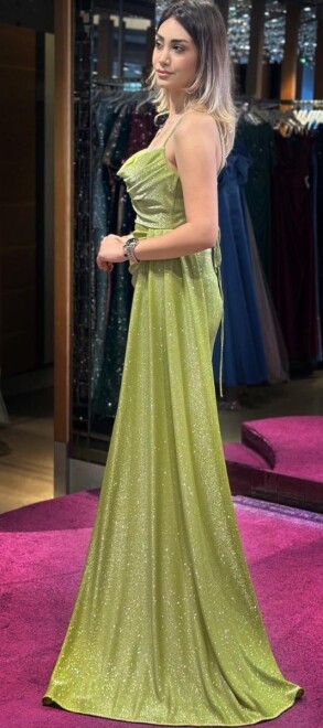 Light Green Spaghetti Strap Low-Cut Back Slit Straight Cut Glitter Long Evening Dress 7253 - 3