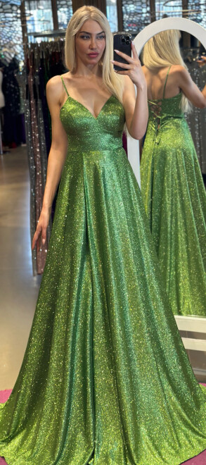 Light Green Spaghetti Strap Low-Cut Back Wrap Slit Flared Skirt Glitter Long Evening Dress 6885 - 1