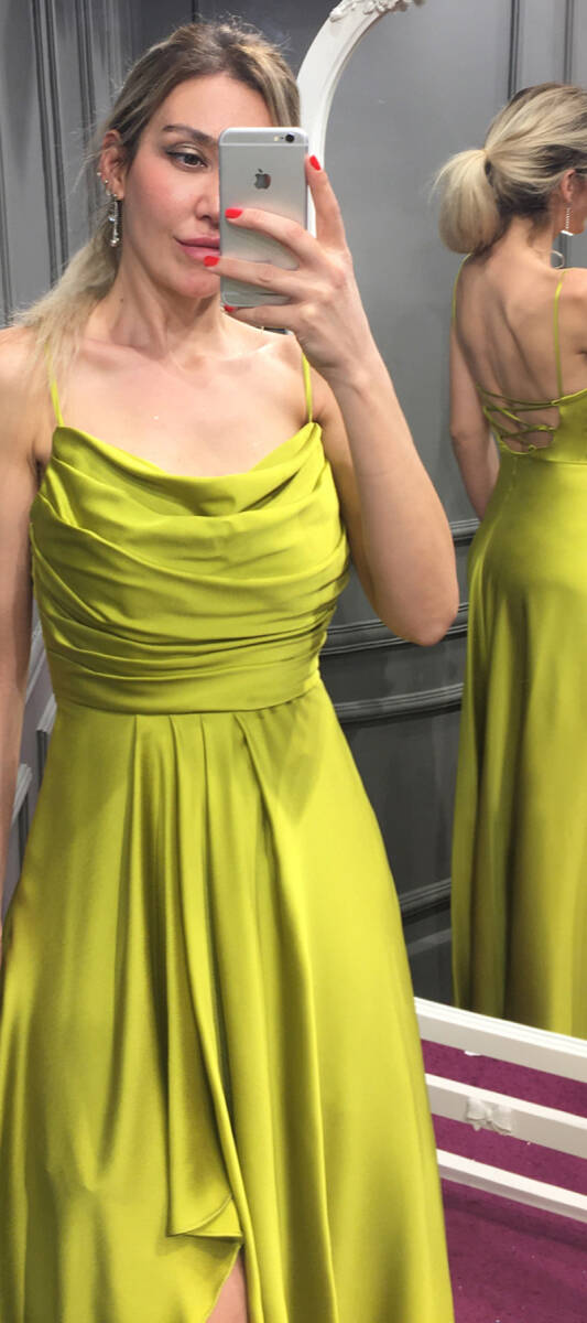 Light Green Spaghetti Strap Slit Flared Skirt Satin Long Evening Dress 7234 - 2