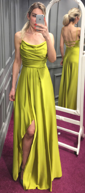 Light Green Spaghetti Strap Slit Flared Skirt Satin Long Evening Dress 7234 - 1