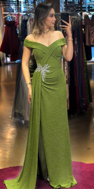 Light Green Stone Detailed Slit Straight Cut Glitter Long Evening Dress 7566 