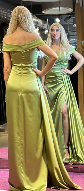 Light Green Stone Detailed Slit Straight Cut Satin Long Evening Dress 7443 - 5