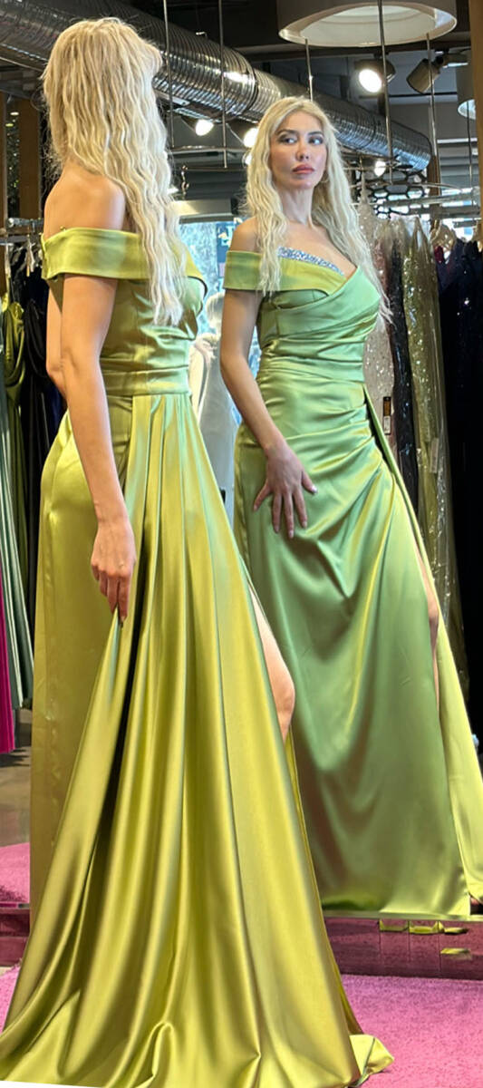 Light Green Stone Detailed Slit Straight Cut Satin Long Evening Dress 7443 - 3