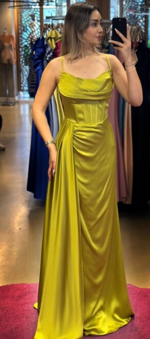 Light Green Thin Strapped Slit Straight Cut Satin Long Evening Dress 7564 