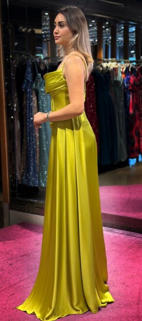 Light Green Thin Strapped Slit Straight Cut Satin Long Evening Dress 7564 - 4