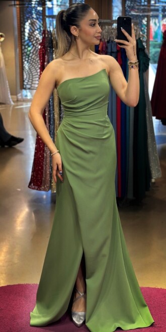 Light Green Wrap Slit Straight Cut Crepe Long Evening Dress 7324 