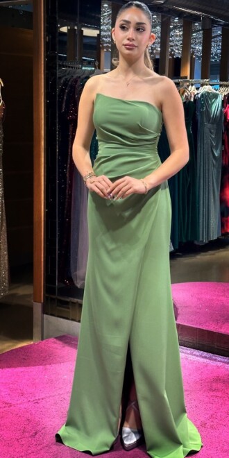 Light Green Wrap Slit Straight Cut Crepe Long Evening Dress 7324 - 3