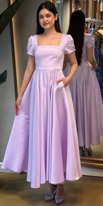 Lilac Short Sleeve Ribbon Detailed Flared Skirt Satin Midi Evening Dress 7673 