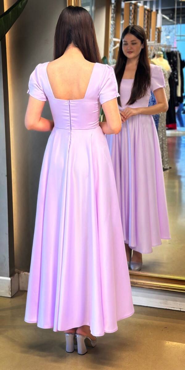 Lilac Short Sleeve Ribbon Detailed Flared Skirt Satin Midi Evening Dress 7673 - 5