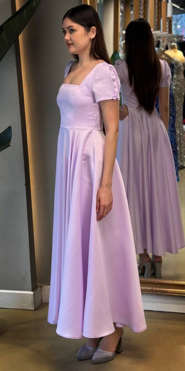 Lilac Short Sleeve Ribbon Detailed Flared Skirt Satin Midi Evening Dress 7673 - 3