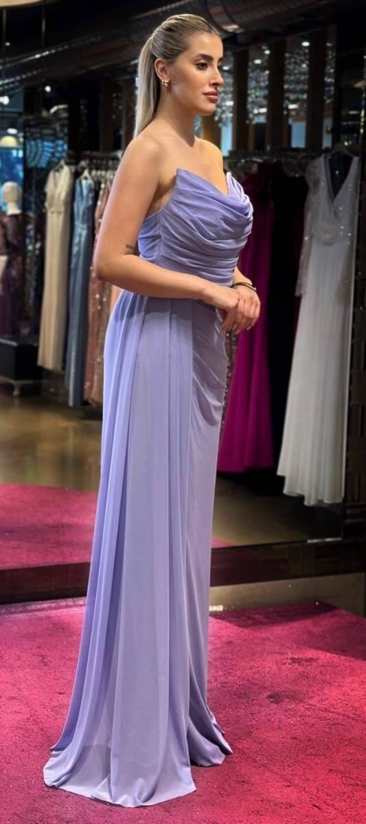 Lilac Slit Straight Cut Lycra Long Evening Dress 7498 - 3