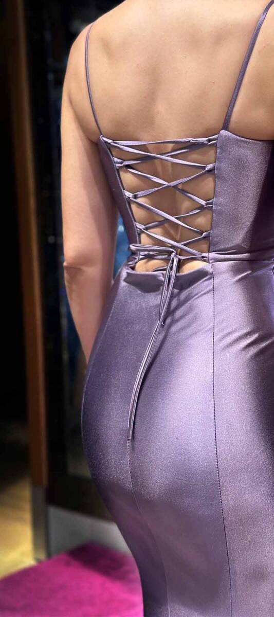 Lilac Spaghetti Strap Slit Straight Cut Lycra Long Evening Dress 7429 - 4