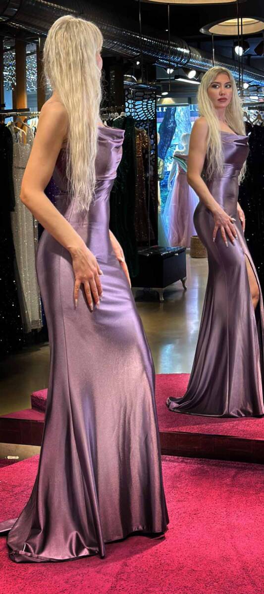 Lilac Spaghetti Strap Slit Straight Cut Lycra Long Evening Dress 7429 - 3