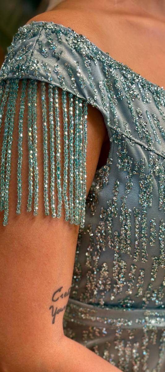 Mint Beaded Straight Cut Glitter Long Evening Dress 7603 - 3