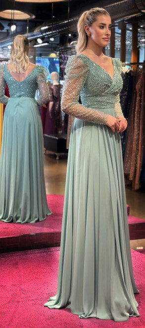 Mint Long Sleeve Flared Skirt Chiffon Long Evening Dress 7569 - 3