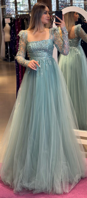 Mint Long Sleeve Flared Skirt Tulle Long Evening Dress 7352 