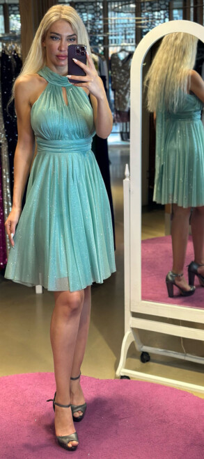 Mint Low-Cut Back Flared Skirt Glitter Fabric Short Evening Dress 6710 