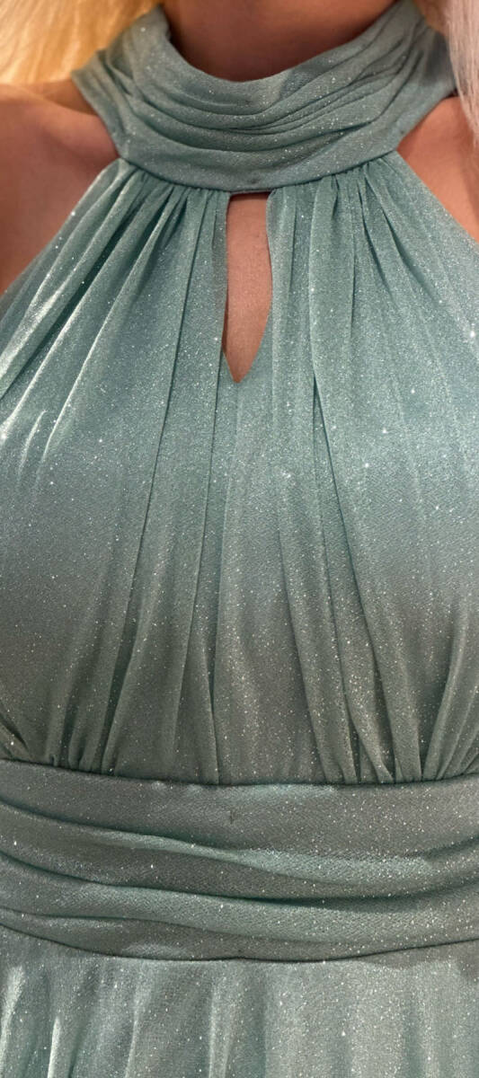 Mint Low-Cut Back Flared Skirt Glitter Fabric Short Evening Dress 6710 - 4