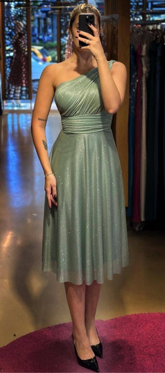 Mint One Shoulder Flared Skirt Glitter Midi Evening Dress 7000 - 1