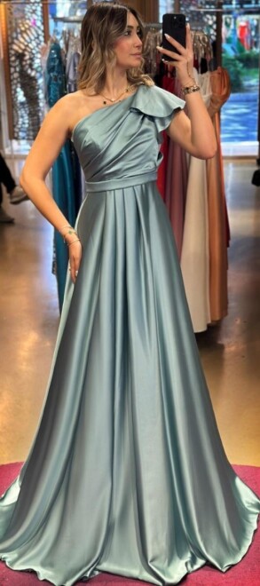 Mint One Shoulder Flared Skirt Satin Long Evening Dress 7501 