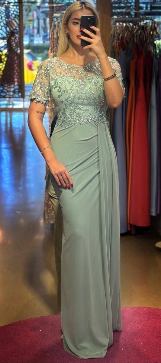 Mint Short Sleeve Slit Straight Cut Tulle Long Evening Dress 7574 - 1