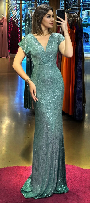 Mint Short Sleeve Straight Cut Sequin Long Evening Dress 7499 - 1