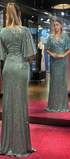 Mint Short Sleeve Straight Cut Sequin Long Evening Dress 7572 - 5