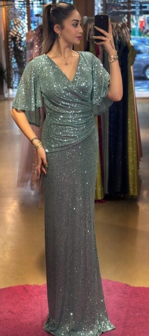 Mint Short Sleeve Straight Cut Sequin Long Evening Dress 7572 - 1