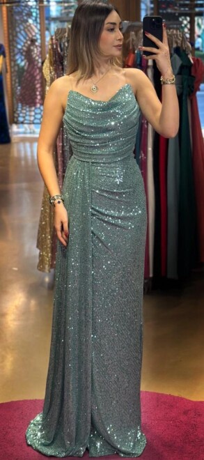 Mint Slit Straight Cut Sequin Long Evening Dress 7368 - 1