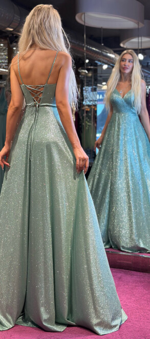 Mint Spaghetti Strap Low-Cut Back Wrap Slit Flared Skirt Glitter Long Evening Dress 6885 - 5