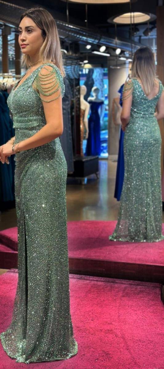 Mint Thick Strap Beaded Slit Straight Cut Sequin Long Evening Dress 7609 - 3