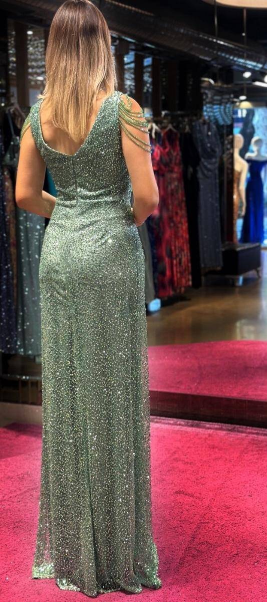 Mint Thick Strap Beaded Slit Straight Cut Sequin Long Evening Dress 7609 - 5