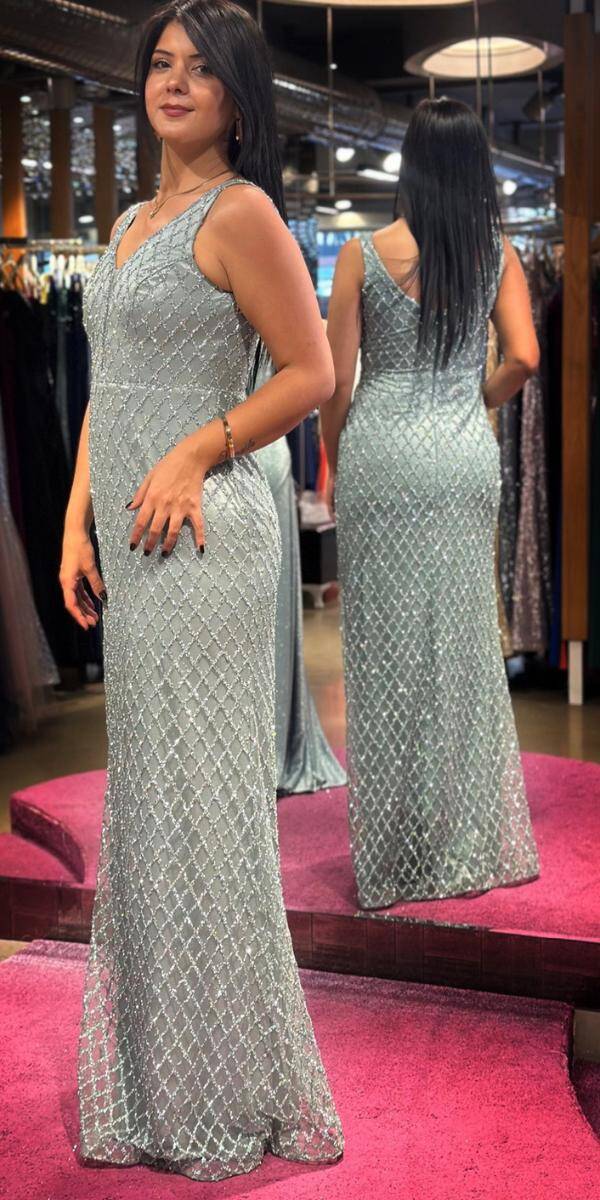 Mint Thick Strap Beaded Straight Cut Glitter Long Evening Dress 7587 - 3