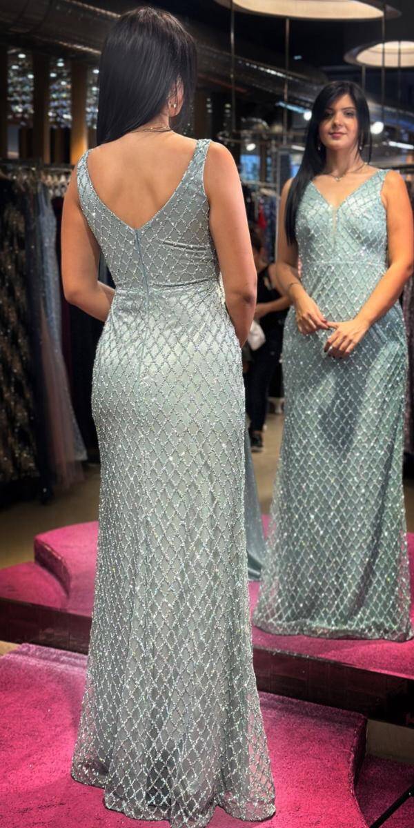 Mint Thick Strap Beaded Straight Cut Glitter Long Evening Dress 7587 - 5