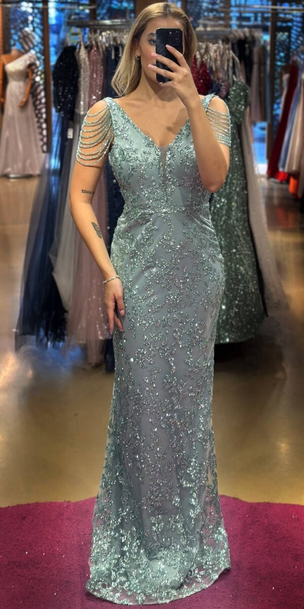 Mint Thick Strap Beaded Straight Cut Glitter Long Evening Dress 7596 - 1