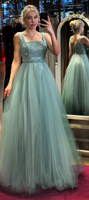 Mint Thick Strap Flared Skirt Tulle Long Evening Dress 7391 