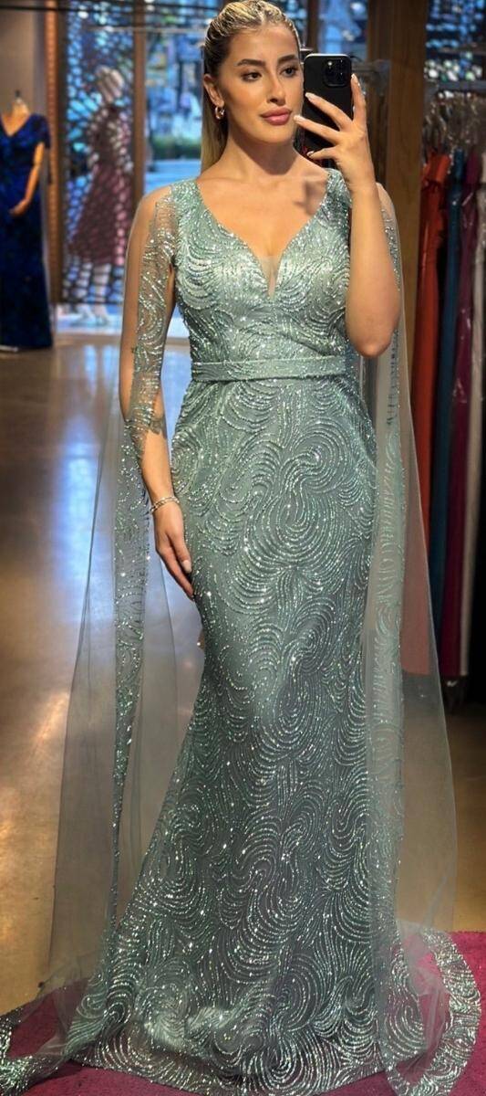 Mint Thick Strap Straight Cut Glitter Long Evening Dress 7552