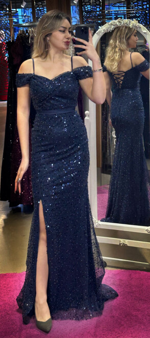 Navy Blue Belted Low-Cut Back Slit Beaded Sequin Long Evening Dress 7434 