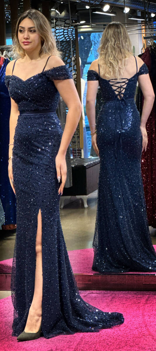 Navy Blue Belted Low-Cut Back Slit Beaded Sequin Long Evening Dress 7434 - 3