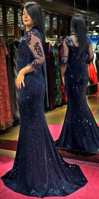 Navy Blue Feather Detailed Mermaid Skirt Velvet Sequin Long Evening Dress 6775 - 3